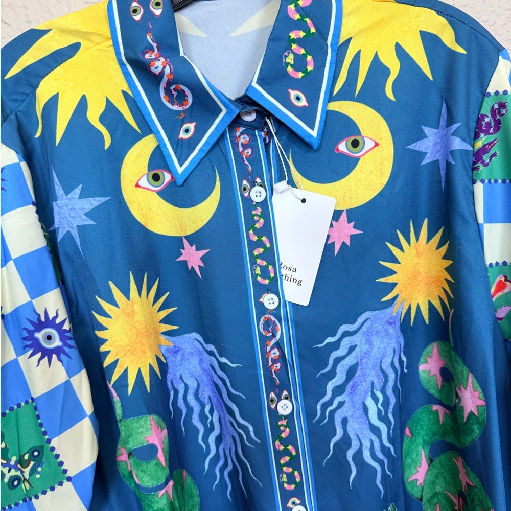 Printed Wide-Leg Jumpsuit in Teal with Celestial Motif - Picture 14 of 16